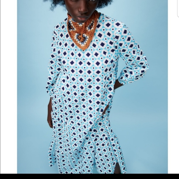 Zara L Blue White Aztec Sleeves Cotton Maxi Dress - Picture 2 of 10